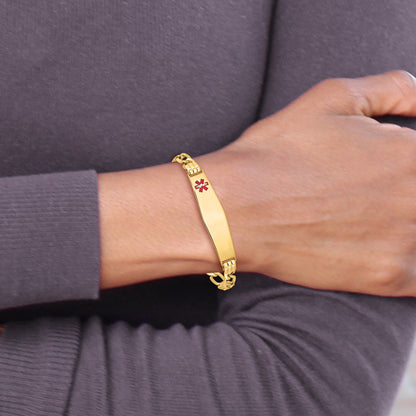 14K Yellow Gold Medical Semi Solid Chain/Solid Plate Soft Diamond Shape 38X9mm Off Center Red Enamel Figaro Link 7 Inch Id Bracelet