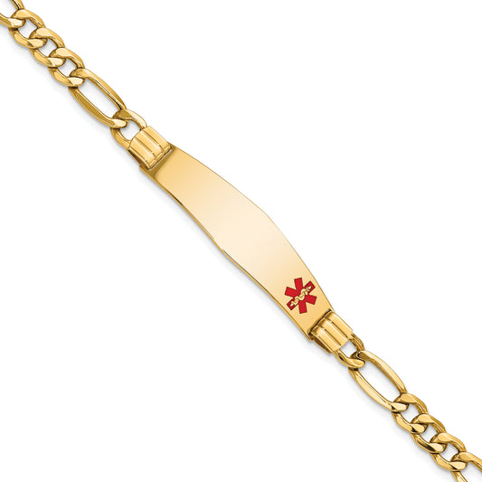 14K Yellow Gold Medical Semi Solid Chain/Solid Plate Soft Diamond Shape 38X9mm Off Center Red Enamel Figaro Link 7 Inch Id Bracelet
