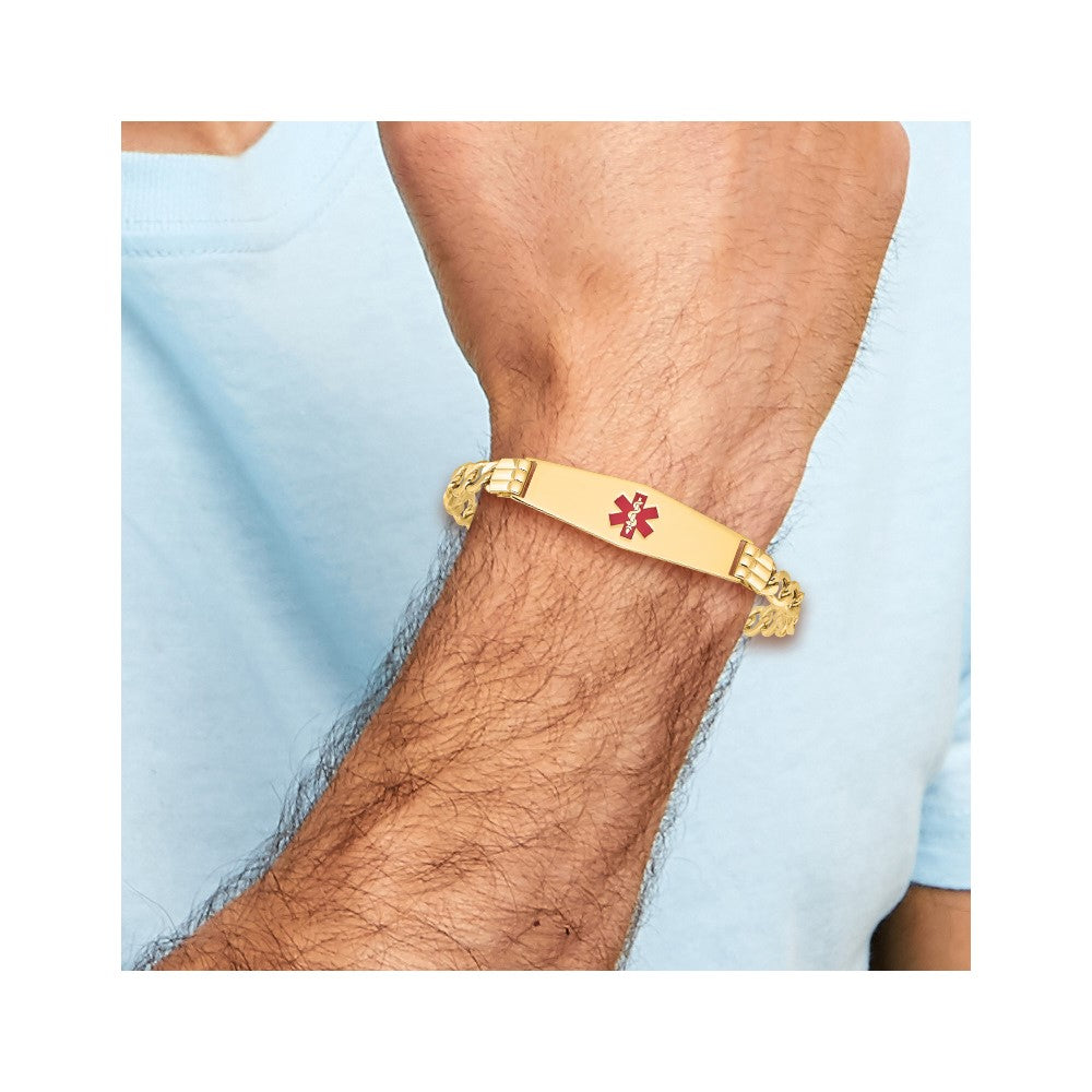 14K Yellow Gold Medical Semi Solid Chain/Solid Plate Soft Diamond Shape 40X12mm Centered Red Enamel Figaro Link 8 Inch Id Bracelet