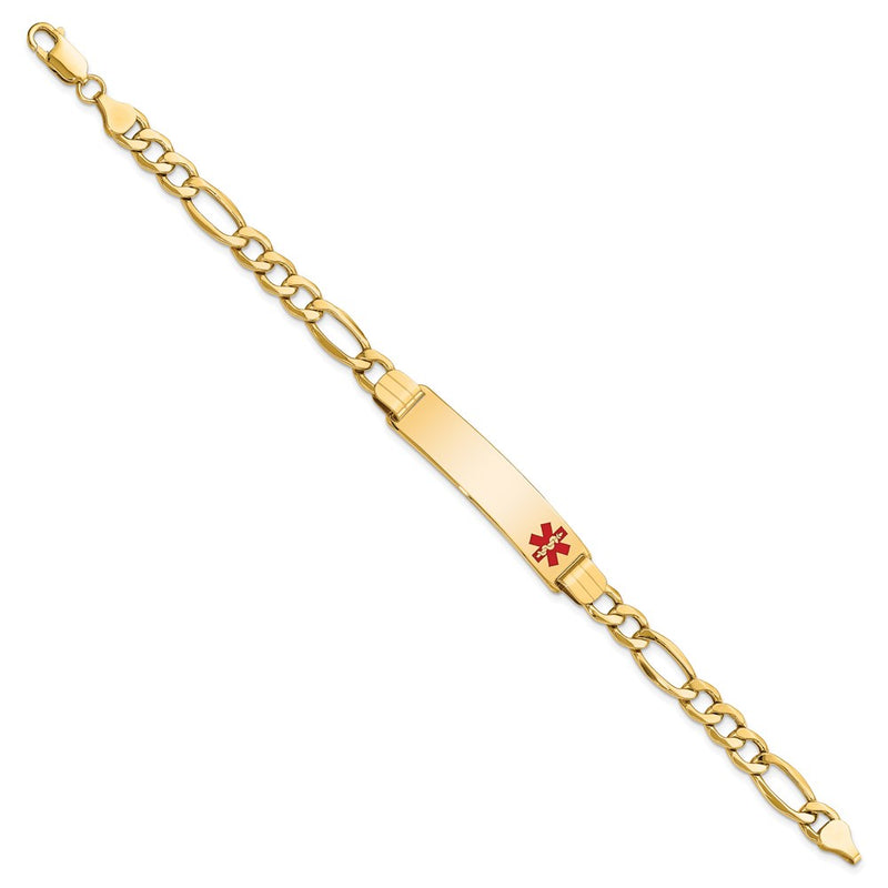 14K Yellow Gold Medical Semi Solid Chain/Solid Plate 40X10mm Off Center Red Enamel Figaro Link 8 Inch Id Bracelet