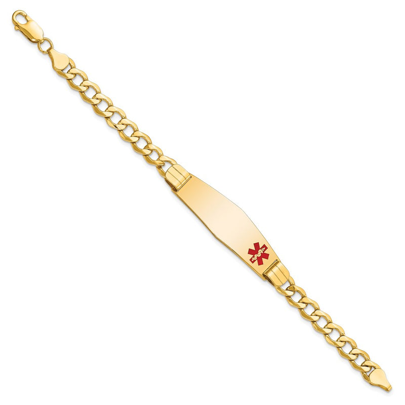 14K Yellow Gold Medical Semi Solid Chain/Solid Plate Soft Diamond Shape 40X12mm Off Center Red Enamel Curb Link 7 Inch Id Bracelet