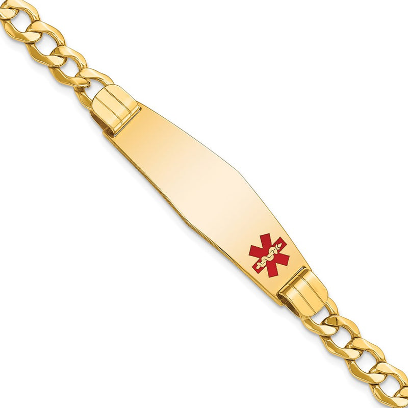 14K Yellow Gold Medical Semi Solid Chain/Solid Plate Soft Diamond Shape 40X12mm Off Center Red Enamel Curb Link 8 Inch Id Bracelet