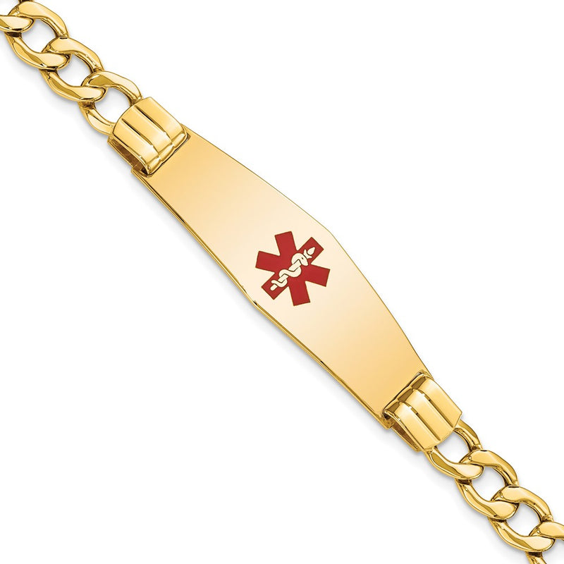 14K Yellow Gold Medical Semi Solid Chain/Solid Plate Soft Diamond Shape 40X12mm Centered Red Enamel Curb Link 8 Inch Id Bracelet