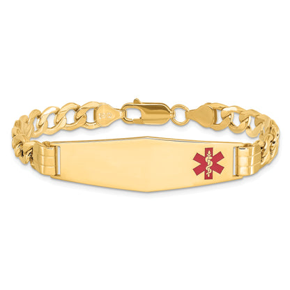 14K Yellow Gold Medical Semi Solid Chain/Solid Plate Soft Diamond Shape 40X12mm Off Center Red Enamel Curb Link 7 Inch Id Bracelet