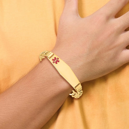 14K Yellow Gold Medical Semi Solid Chain/Solid Plate Soft Diamond Shape 40X12mm Off Center Red Enamel Curb Link 7 Inch Id Bracelet