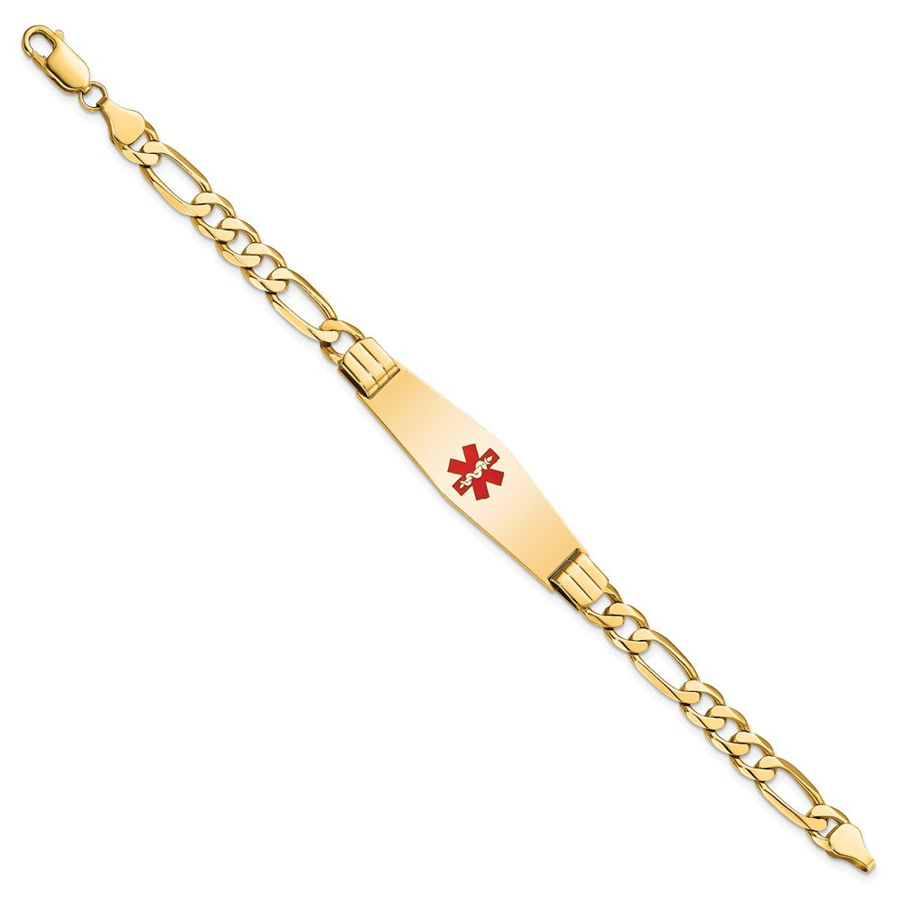 14K Yellow Gold Medical Solid Chain/Solid Plate Soft Diamond Shape 40X12mm Centered Red Enamel Flat Figaro Link 7 Inch Id Bracelet