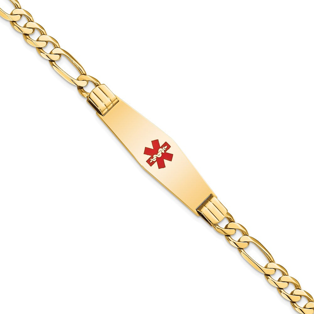 14K Yellow Gold Medical Solid Chain/Solid Plate Soft Diamond Shape 40X12mm Centered Red Enamel Flat Figaro Link 8 Inch Id Bracelet