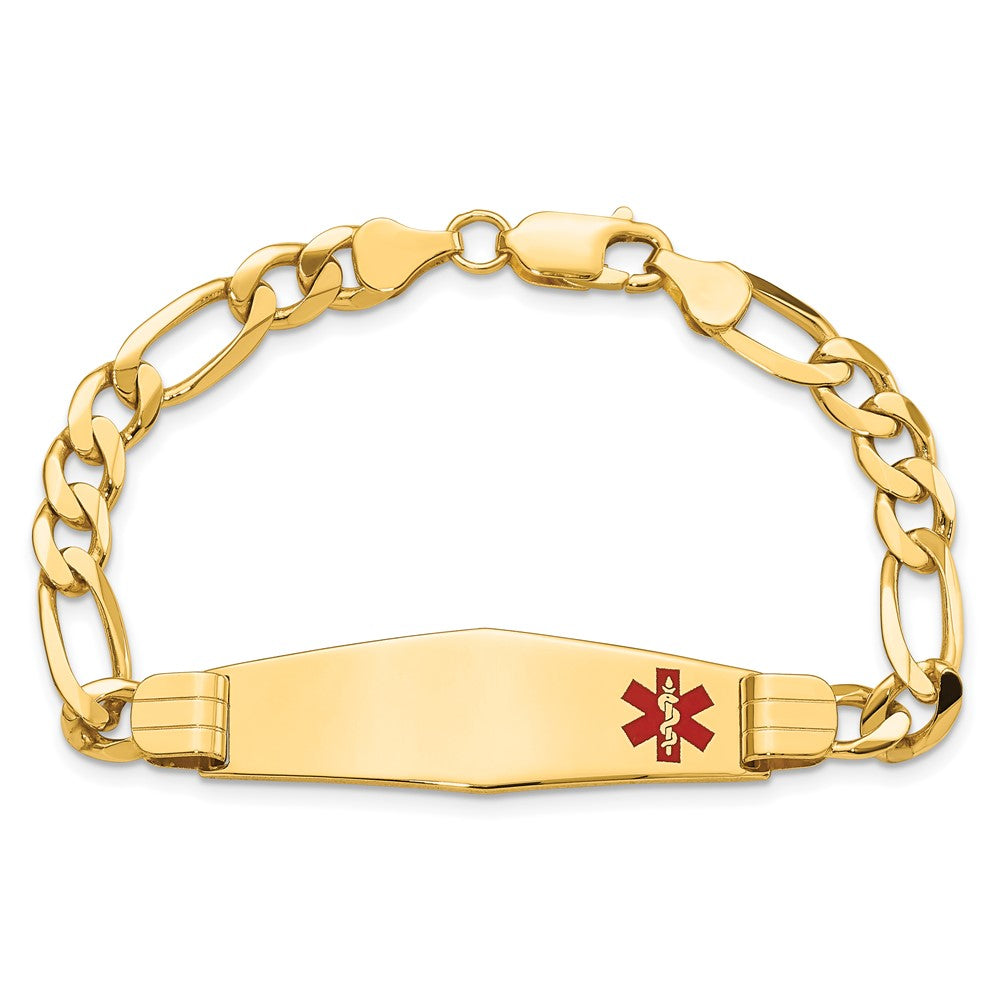 14K Yellow Gold Medical Solid Chain/Solid Plate Soft Diamond Shape 39X12mm Off Center Red Enamel Flat Figaro Link 7 Inch Id Bracelet
