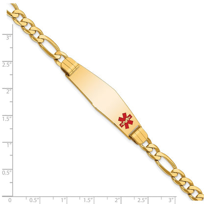 14K Yellow Gold Medical Solid Chain/Solid Plate Soft Diamond Shape 39X12mm Off Center Red Enamel Flat Figaro Link 7 Inch Id Bracelet