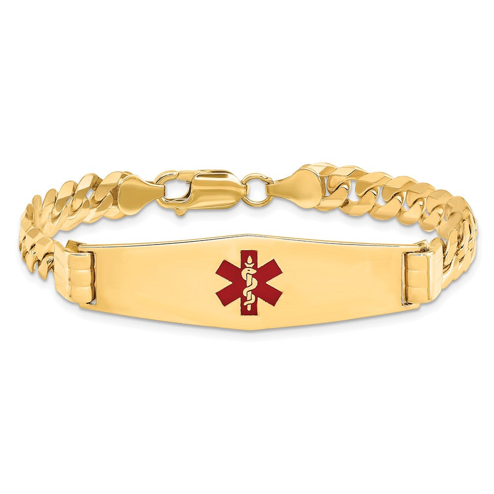 14K Yellow Gold Medical Solid Chain/Solid Plate Soft Diamond Shape 40X12mm Centered Red Enamel Curb Link 8 Inch Id Bracelet