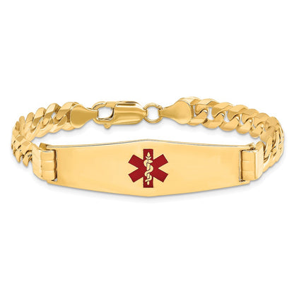 14K Yellow Gold Medical Solid Chain/Solid Plate Soft Diamond Shape 40X12mm Centered Red Enamel Curb Link 8 Inch Id Bracelet
