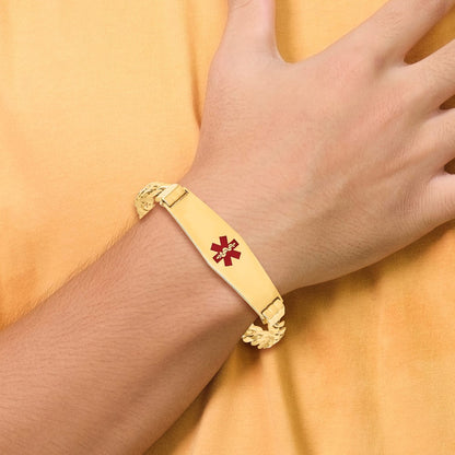 14K Yellow Gold Medical Solid Chain/Solid Plate Soft Diamond Shape 40X12mm Centered Red Enamel Curb Link 8 Inch Id Bracelet