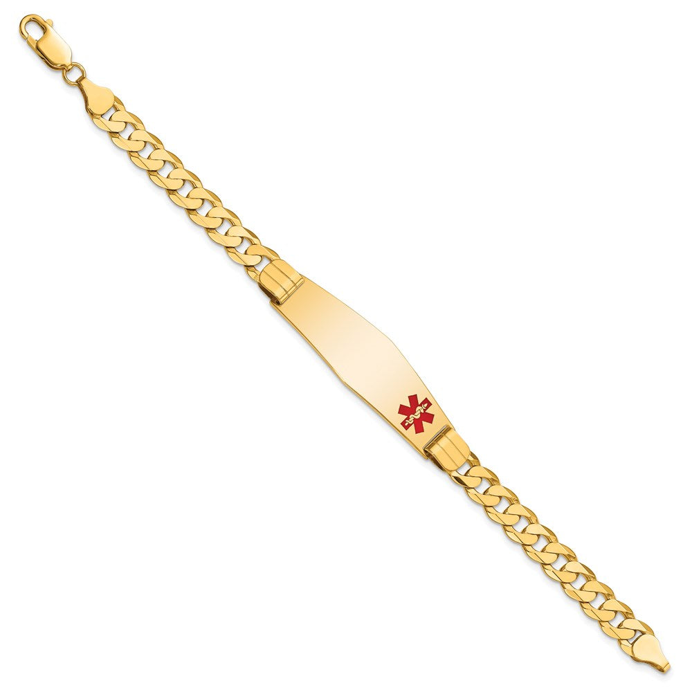 14K Yellow Gold Medical Solid Chain/Solid Plate Soft Diamond Shape 39X12mm Off Center Red Enamel Curb Link 7 Inch Id Bracelet