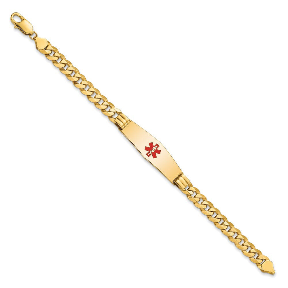14K Yellow Gold Medical Solid Chain/Solid Plate Soft Diamond Shape 40X12mm Centered Red Enamel Flat Curb Link 8 Inch Id Bracelet