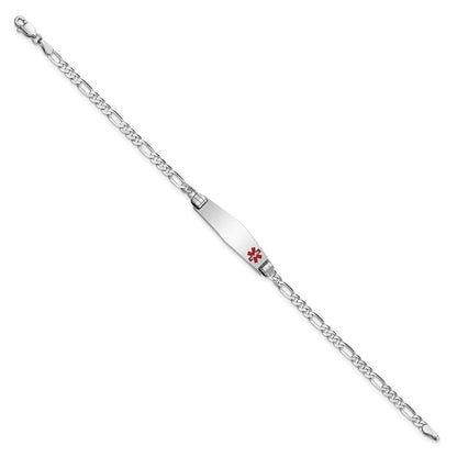 14K White Gold Medical Solid Chain/Solid Plate 26X7mm Soft Diamond Shape Off Center Red Enamel Figaro Link 7 Inch Id Bracelet
