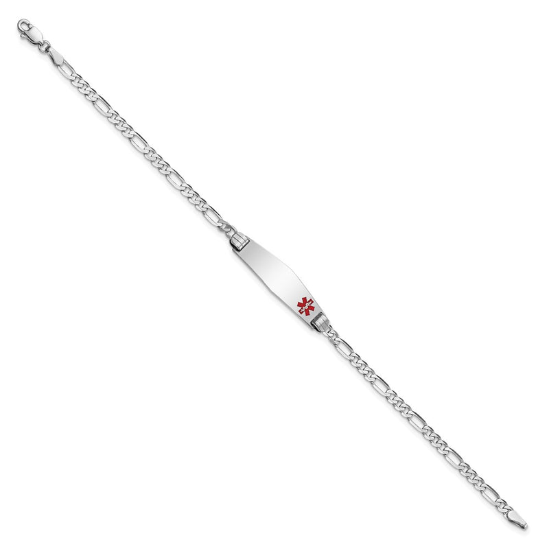 14K White Gold Medical Solid Chain/Solid Plate 26X7mm Soft Diamond Shape Off Center Red Enamel Figaro Link 7 Inch Id Bracelet