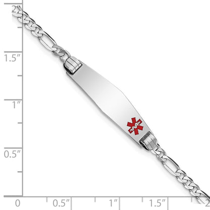 14K White Gold Medical Solid Chain/Solid Plate 26X7mm Soft Diamond Shape Off Center Red Enamel Figaro Link 8 Inch Id Bracelet