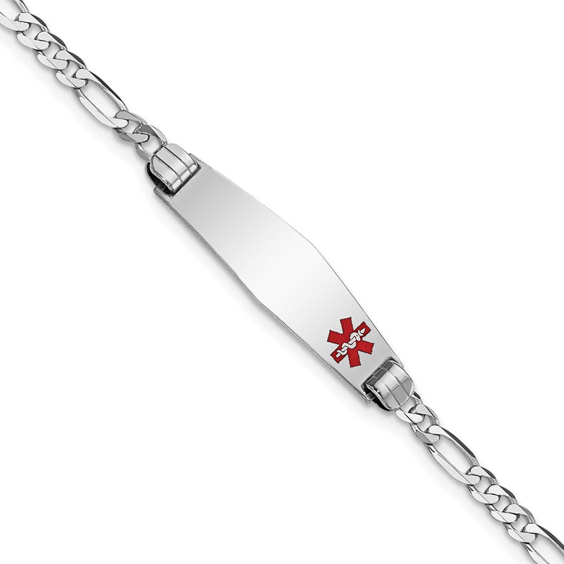14K White Gold Medical Solid Chain/Solid Plate 26X7mm Soft Diamond Shape Off Center Red Enamel Figaro Link 7 Inch Id Bracelet