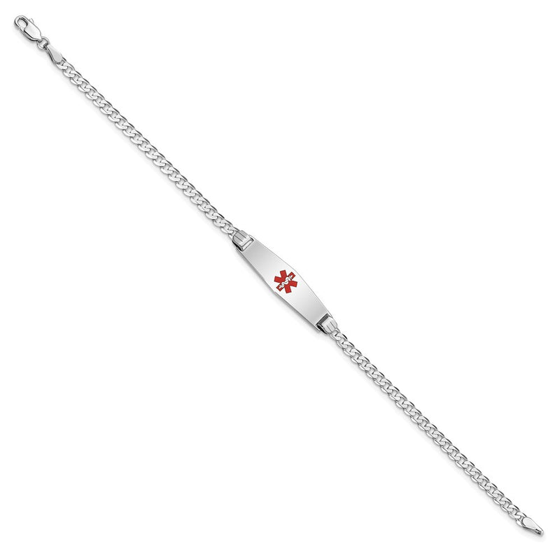 14K White Gold Medical Solid Chain/Solid Plate 24X7mm Soft Diamond Shape Centered Red Enamel Flat Curb Link 8 Inch Id Bracelet