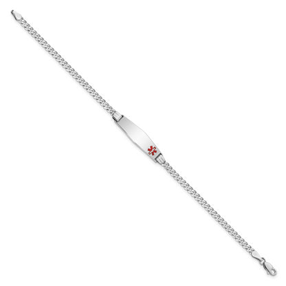 14K White Gold Medical Solid Chain/Solid Plate 26X7mm Soft Diamond Shape Off Center Red Enamel Flat Curb Link 7 Inch Id Bracelet