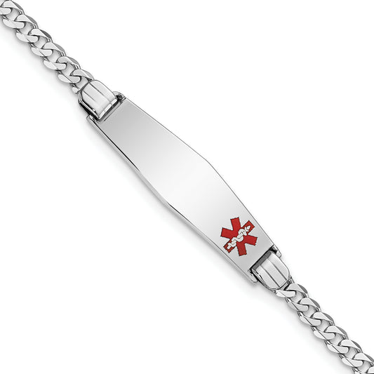 14K White Gold Medical Solid Chain/Solid Plate 26X7mm Soft Diamond Shape Off Center Red Enamel Flat Curb Link 7 Inch Id Bracelet