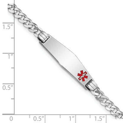 14K White Gold Medical Solid Chain/Solid Plate 26X7mm Soft Diamond Shape Off Center Red Enamel Flat Curb Link 7 Inch Id Bracelet