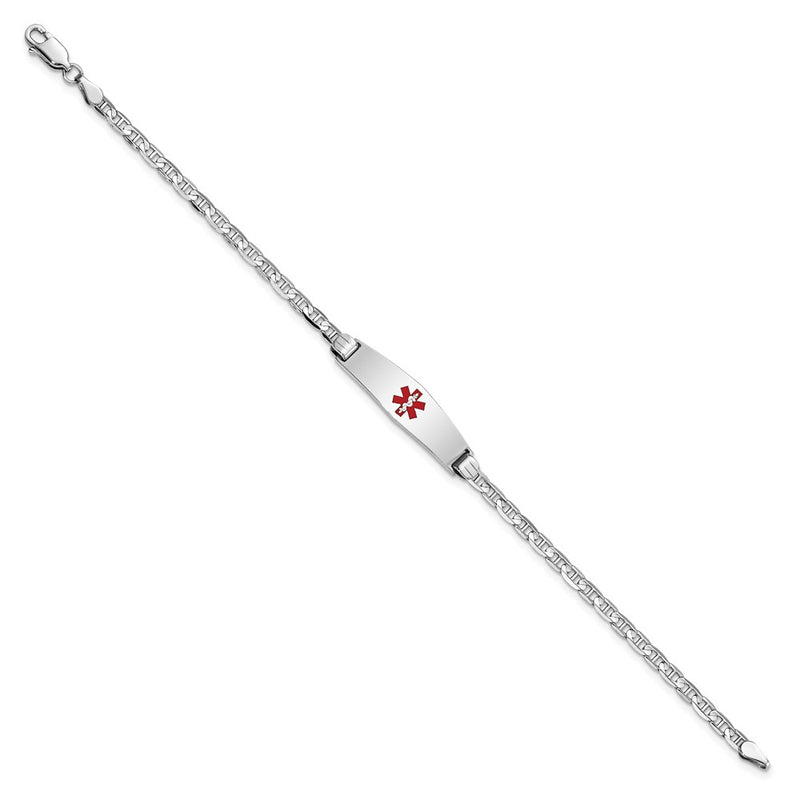 14K White Gold Medical Solid Chain/Solid Plate 24X7mm Soft Diamond Shape Centered Red Enamel Anchor Link 7 Inch Id Bracelet