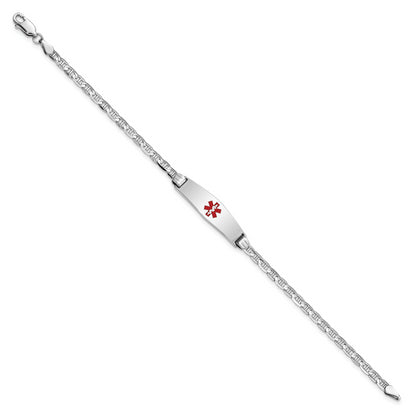 14K White Gold Medical Solid Chain/Solid Plate 24X7mm Soft Diamond Shape Centered Red Enamel Anchor Link 7 Inch Id Bracelet
