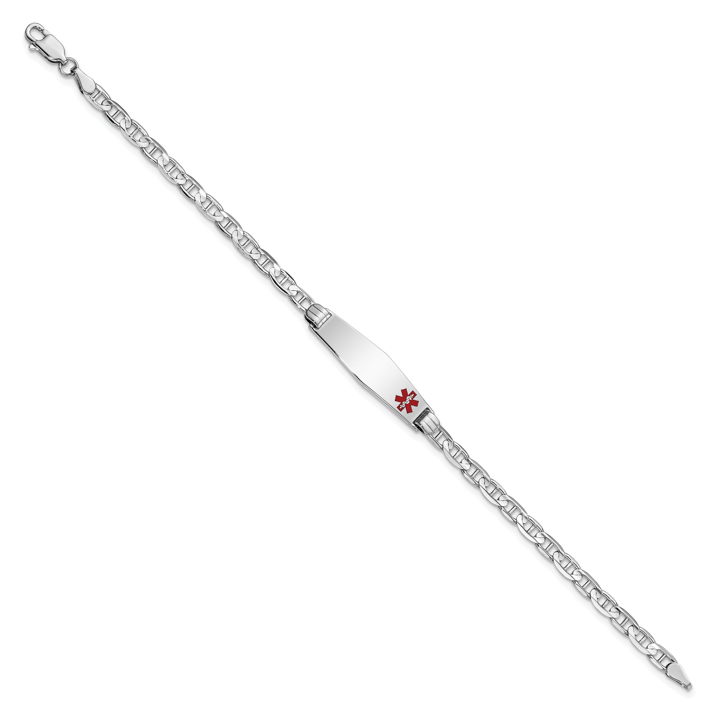 14K White Gold Medical Solid Chain/Solid Plate 26X7mm Soft Diamond Shape Off Center Red Enamel Anchor Link 7 Inch Id Bracelet
