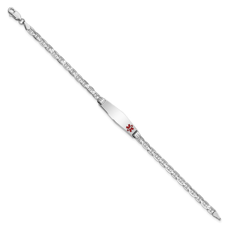 14K White Gold Medical Solid Chain/Solid Plate 26X7mm Soft Diamond Shape Off Center Red Enamel Anchor Link 8 Inch Id Bracelet