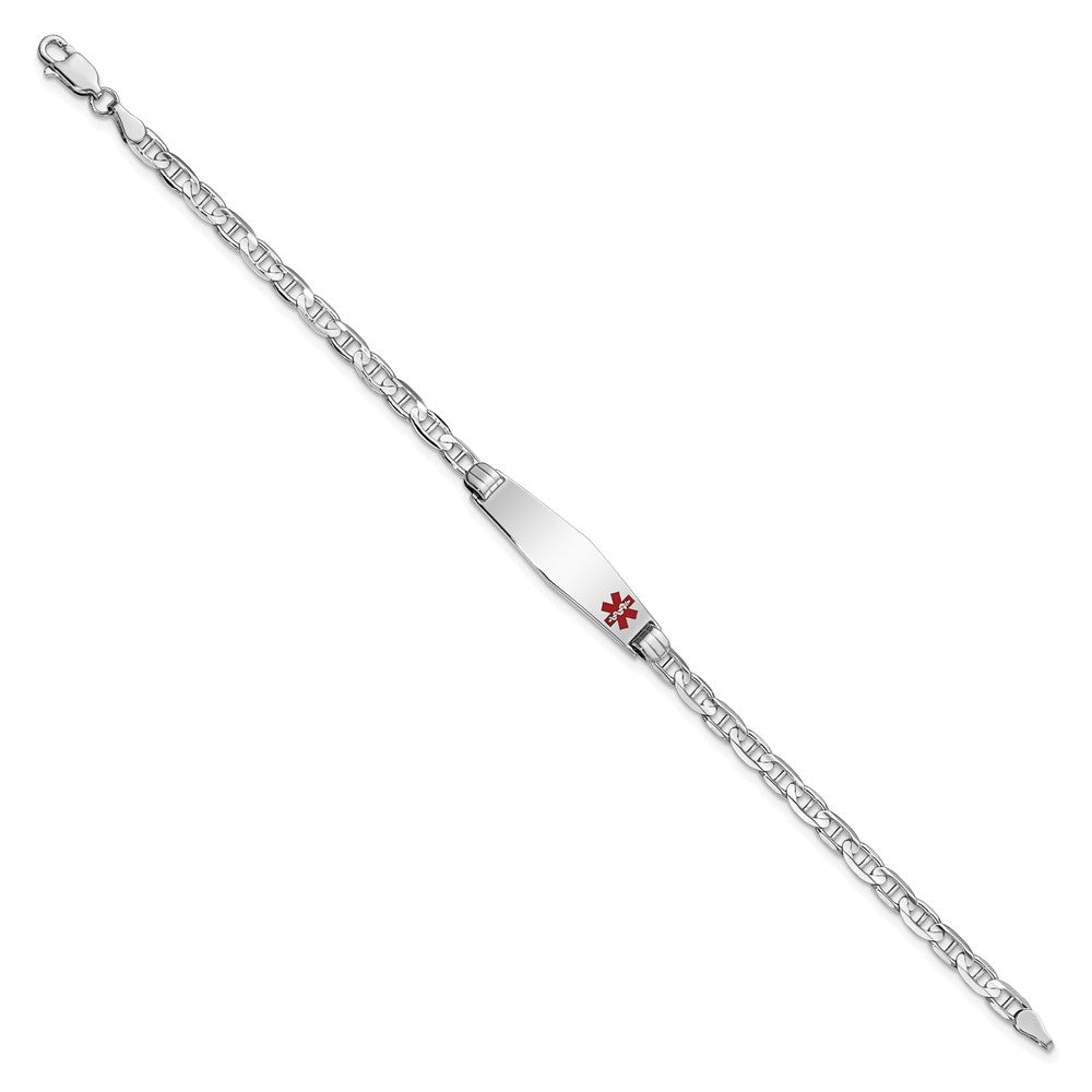 14K White Gold Medical Solid Chain/Solid Plate 26X7mm Soft Diamond Shape Off Center Red Enamel Anchor Link 7 Inch Id Bracelet