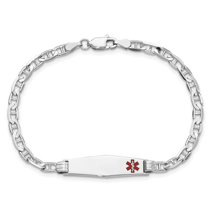 14K White Gold Medical Solid Chain/Solid Plate 26X7mm Soft Diamond Shape Off Center Red Enamel Anchor Link 7 Inch Id Bracelet