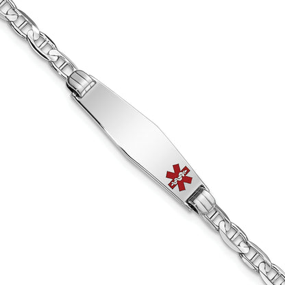 14K White Gold Medical Solid Chain/Solid Plate 26X7mm Soft Diamond Shape Off Center Red Enamel Anchor Link 7 Inch Id Bracelet