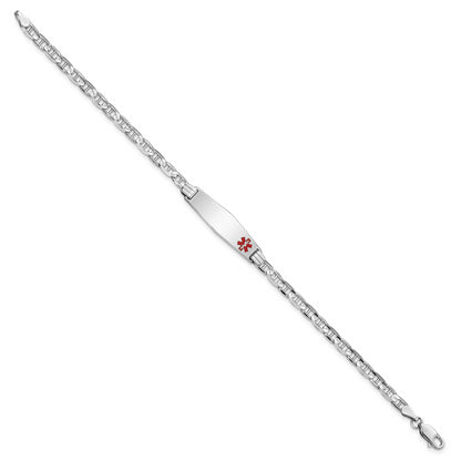 14K White Gold Medical Solid Chain/Solid Plate 26X7mm Soft Diamond Shape Off Center Red Enamel Anchor Link 7 Inch Id Bracelet