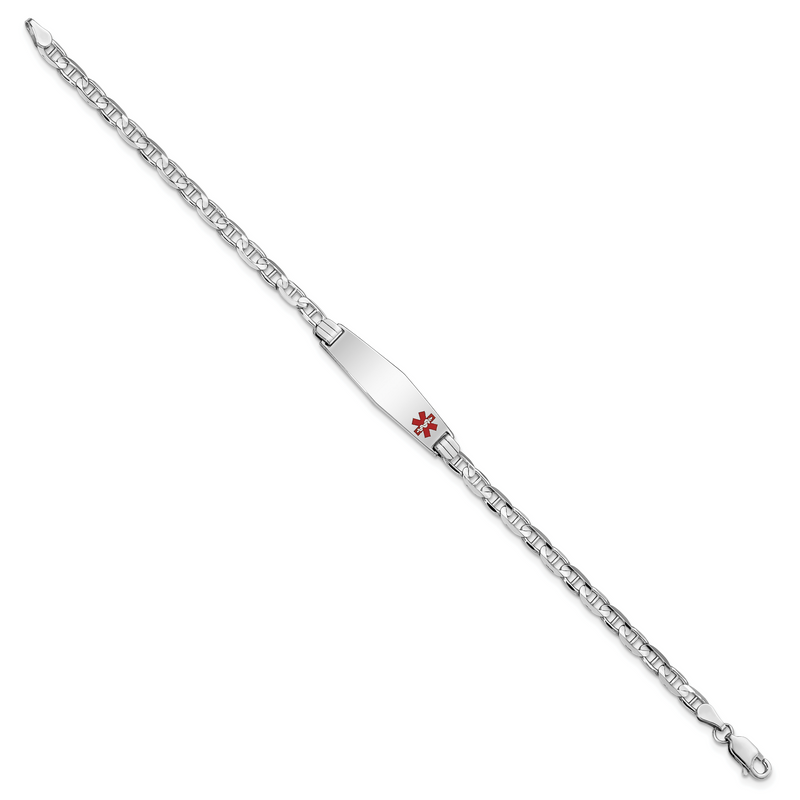 14K White Gold Medical Solid Chain/Solid Plate 26X7mm Soft Diamond Shape Off Center Red Enamel Anchor Link 7 Inch Id Bracelet