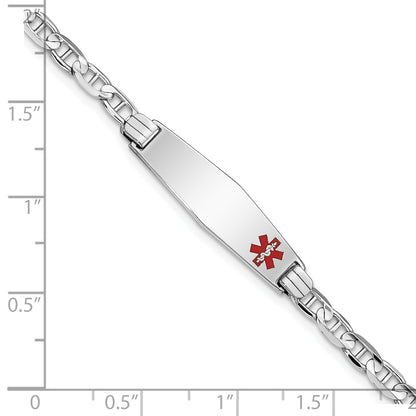 14K White Gold Medical Solid Chain/Solid Plate 26X7mm Soft Diamond Shape Off Center Red Enamel Anchor Link 7 Inch Id Bracelet