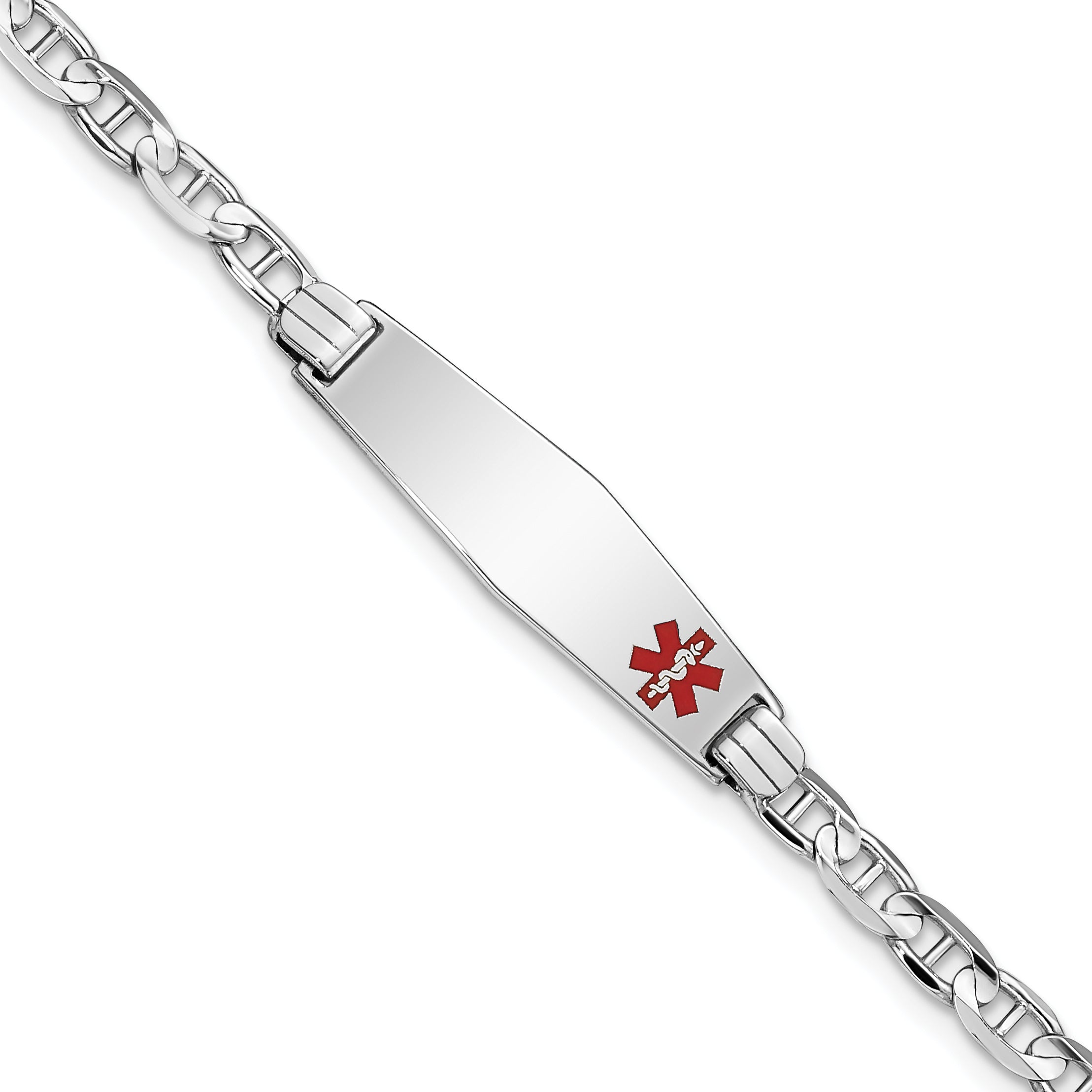 14K White Gold Medical Solid Chain/Solid Plate 26X7mm Soft Diamond Shape Off Center Red Enamel Anchor Link 7 Inch Id Bracelet