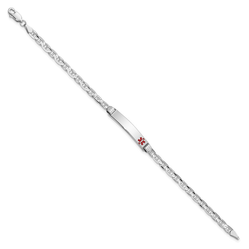 14K White Gold Medical Solid Chain/Solid Plate 26X5mm Off Center Red Enamel Anchor Link 7 Inch Id Bracelet
