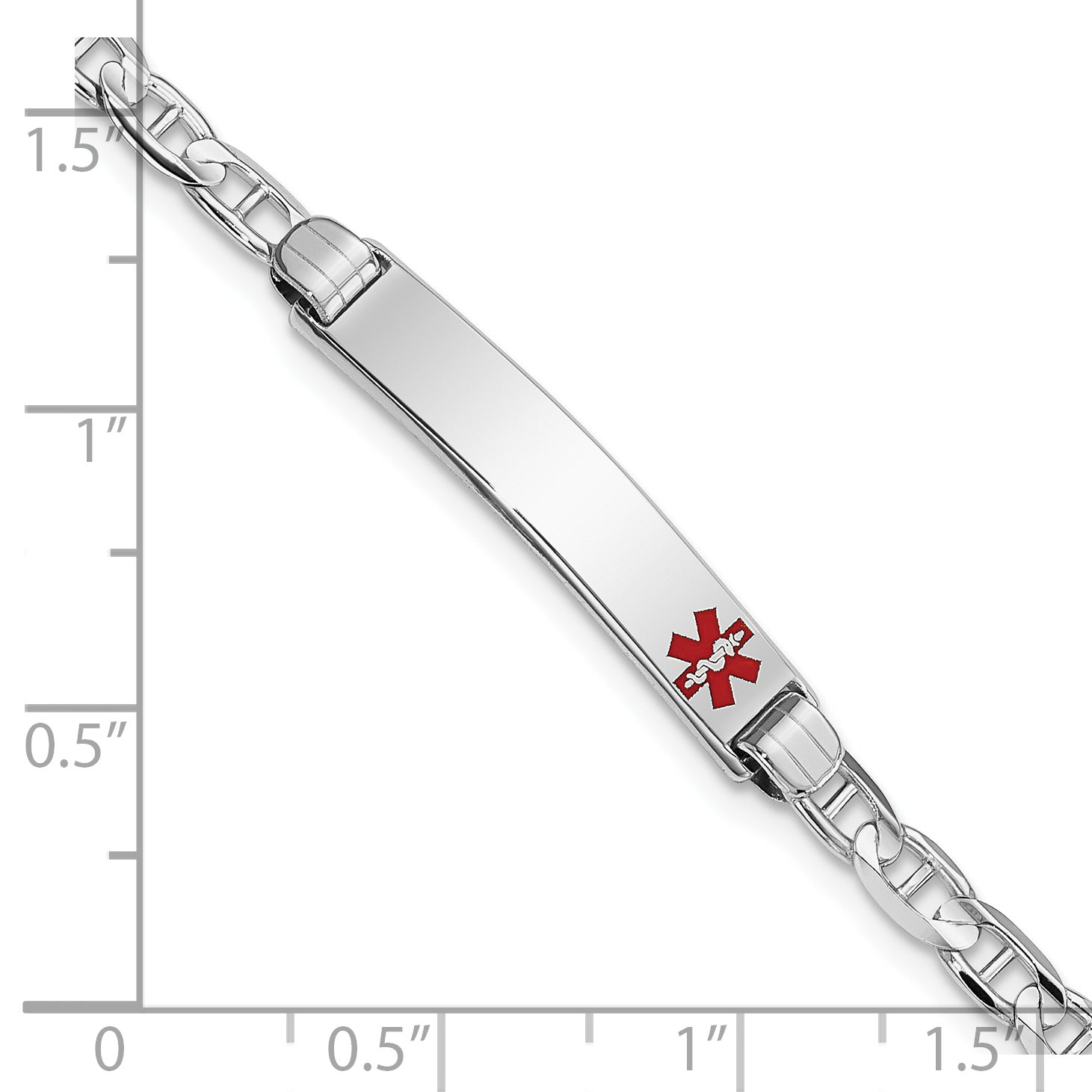 14K White Gold Medical Solid Chain/Solid Plate 26X5mm Off Center Red Enamel Anchor Link 7 Inch Id Bracelet