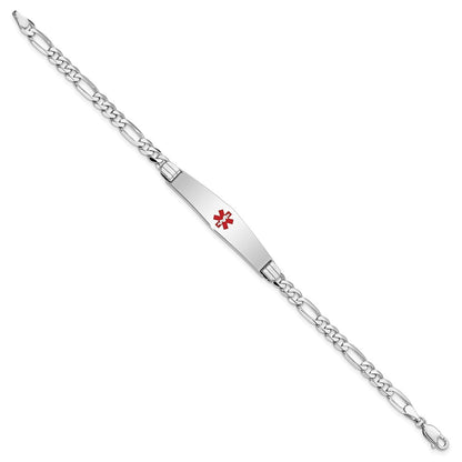 14K White Gold Medical Solid Chain/Solid Plate Soft Diamond Shape 36X9mm Centered Red Enamel Figaro Link 8 Inch Id Bracelet