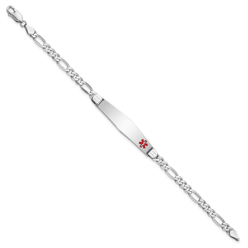 14K White Gold Medical Solid Chain/Solid Plate Soft Diamond Shape 37X9mm Off Center Red Enamel Figaro Link 7 Inch Id Bracelet