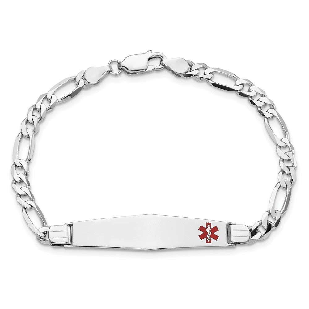 14K White Gold Medical Solid Chain/Solid Plate Soft Diamond Shape 37X9mm Off Center Red Enamel Figaro Link 7 Inch Id Bracelet