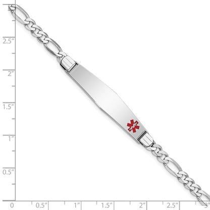 14K White Gold Medical Solid Chain/Solid Plate Soft Diamond Shape 37X9mm Off Center Red Enamel Figaro Link 7 Inch Id Bracelet