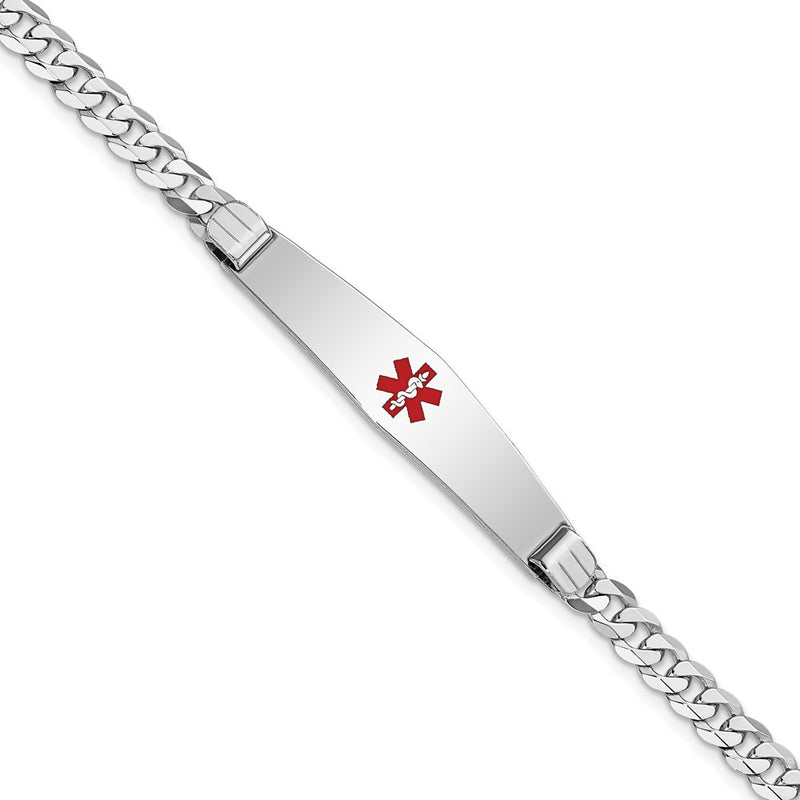 14K White Gold Medical Solid Chain/Solid Plate Soft Diamond Shape 36X9mm Centered Red Enamel Flat Curb Link 7 Inch Id Bracelet