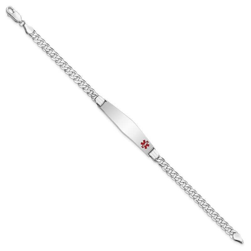 14K White Gold Medical Solid Chain/Solid Plate Soft Diamond Shape 37X9mm Off Center Red Enamel Flat Curb Link 7 Inch Id Bracelet