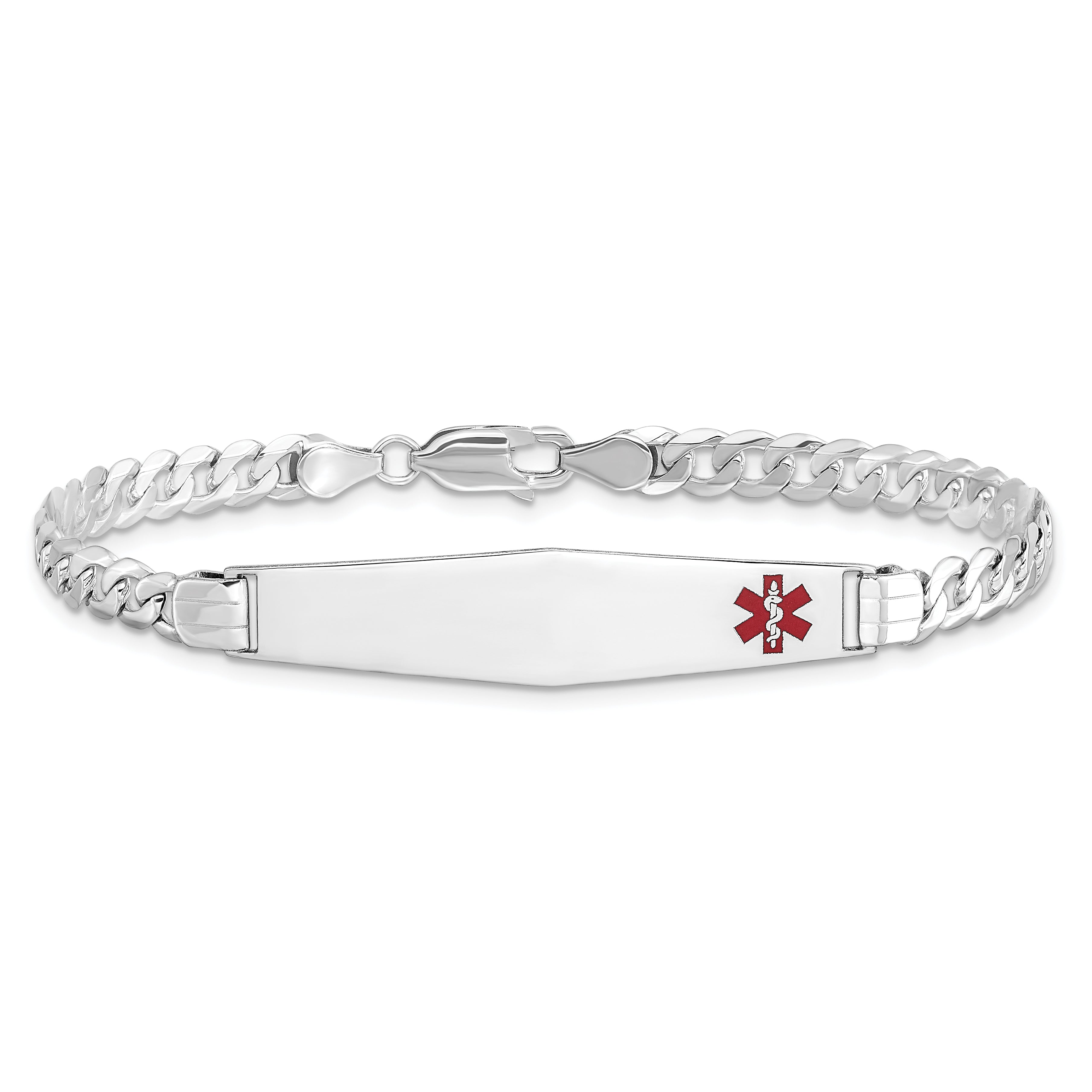14K White Gold Medical Solid Chain/Solid Plate Soft Diamond Shape 37X9mm Off Center Red Enamel Flat Curb Link 7 Inch Id Bracelet