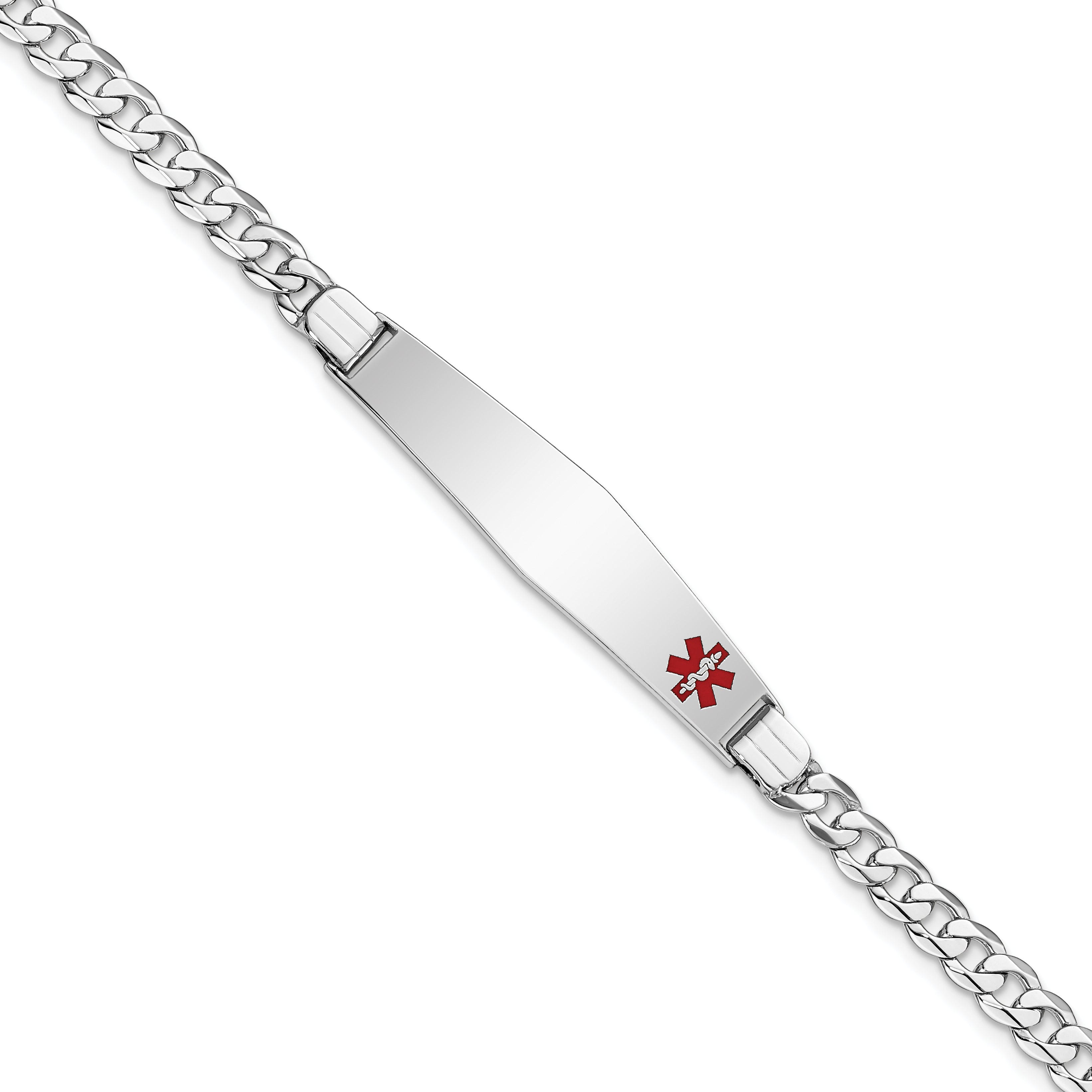14K White Gold Medical Solid Chain/Solid Plate Soft Diamond Shape 37X9mm Off Center Red Enamel Flat Curb Link 7 Inch Id Bracelet
