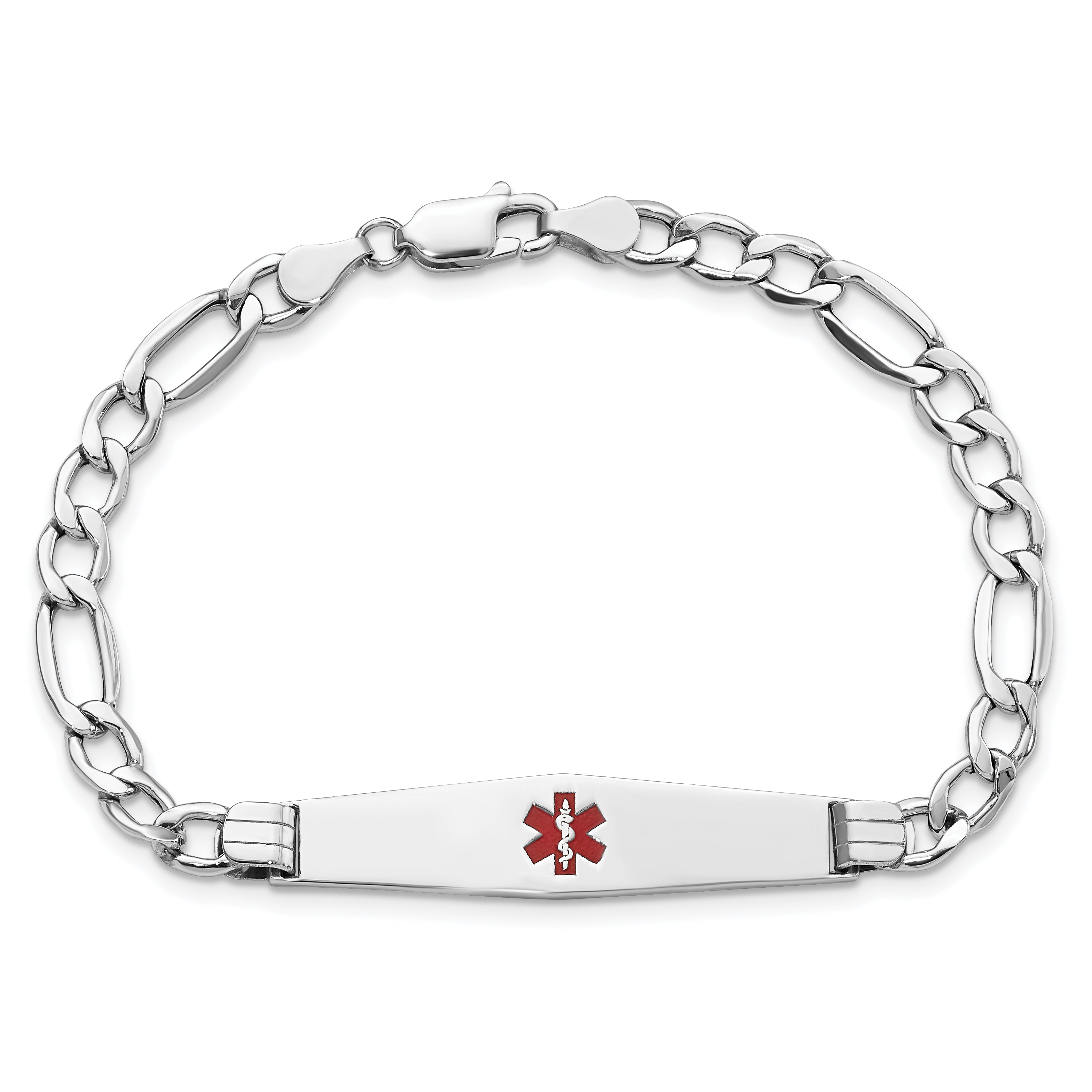 14K White Gold Medical Semi Solid Chain/Solid Plate Soft Diamond Shape 37X9mm Centered Red Enamel Figaro Link 7 Inch Id Bracelet