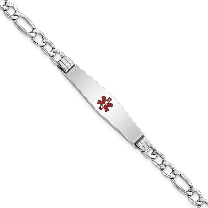14K White Gold Medical Semi Solid Chain/Solid Plate Soft Diamond Shape 37X9mm Centered Red Enamel Figaro Link 8 Inch Id Bracelet
