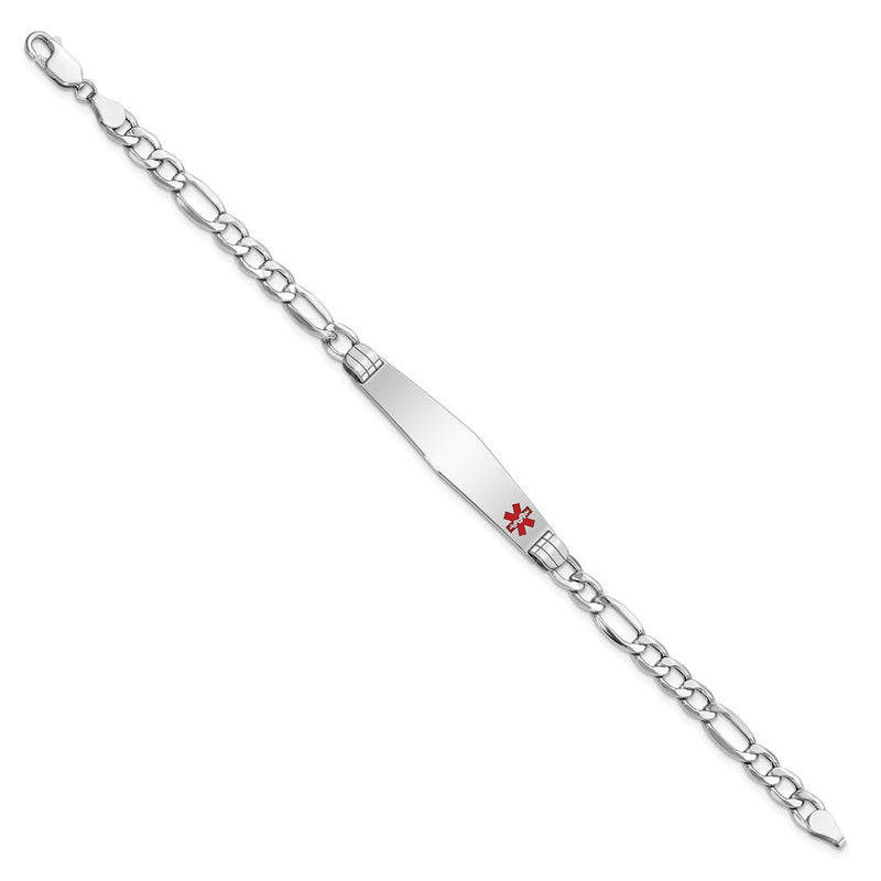 14K White Gold Medical Semi Solid Chain/Solid Plate Soft Diamond Shape 37X9mm Off Center Red Enamel Figaro Link 7 Inch Id Bracelet